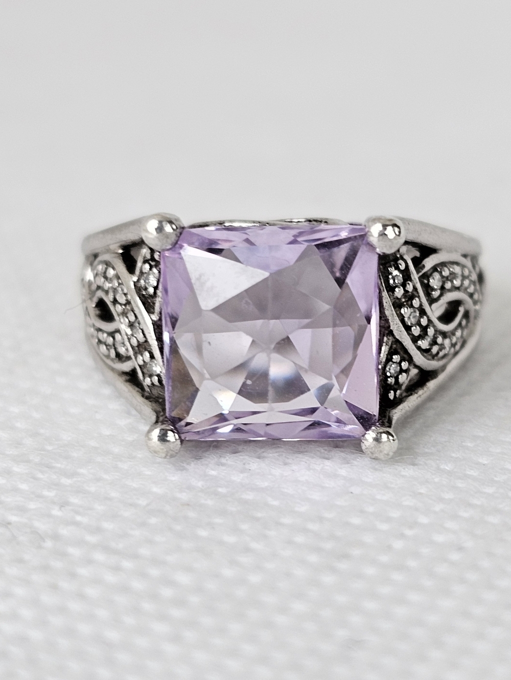 Natural Rose De France Amethyst & Diamond Ring Sterling Silver Size 7!